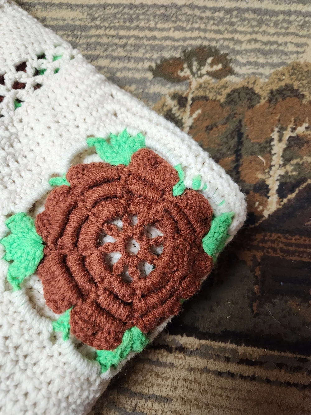 Handmade Cream Crochet Throw with Brown Rose Accents